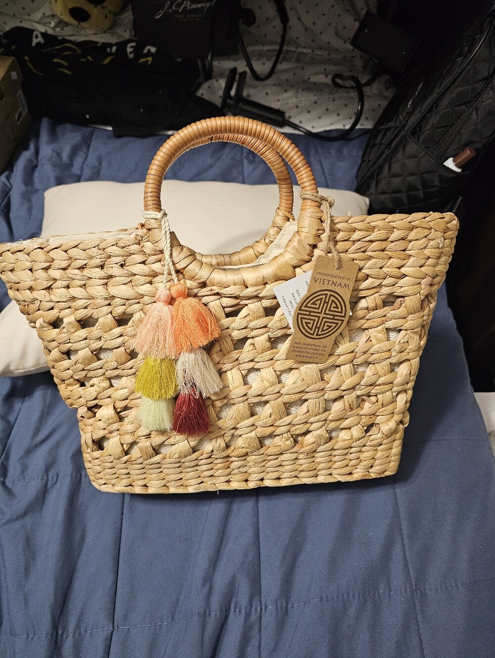 Handwoven Natural Straw Tote Bag with Multicolor Tassels